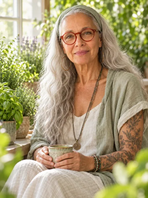 Mama NIIM seated among herbs in a sunlit garden