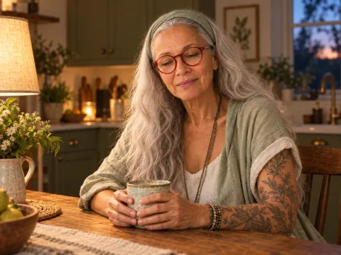 Mama NIIM holding a warm mug at an evening kitchen table