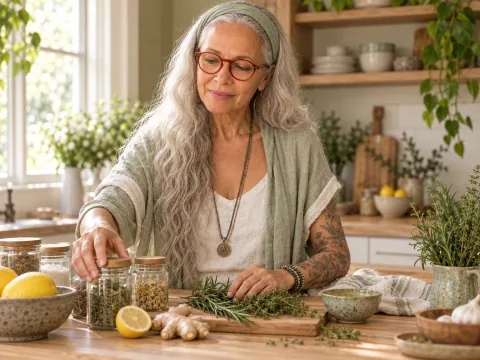 Mama NIIM arranging familiar ingredients in her kitchen