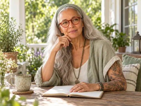 Mama NIIM reflecting with a notebook on a bright porch