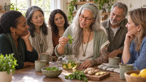 Illustrative scene of Mama NIIM teaching five adults gathered closely around her at a kitchen table